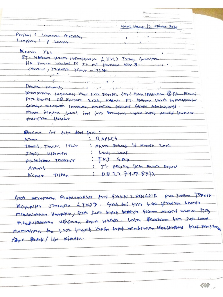 Contoh Surat Lamaran Kerja RAPLES XII. TKJ2 | PDF