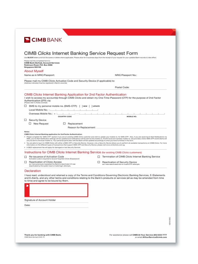 CIMB Clicks Internet Banking Service Request Form PDF | PDF