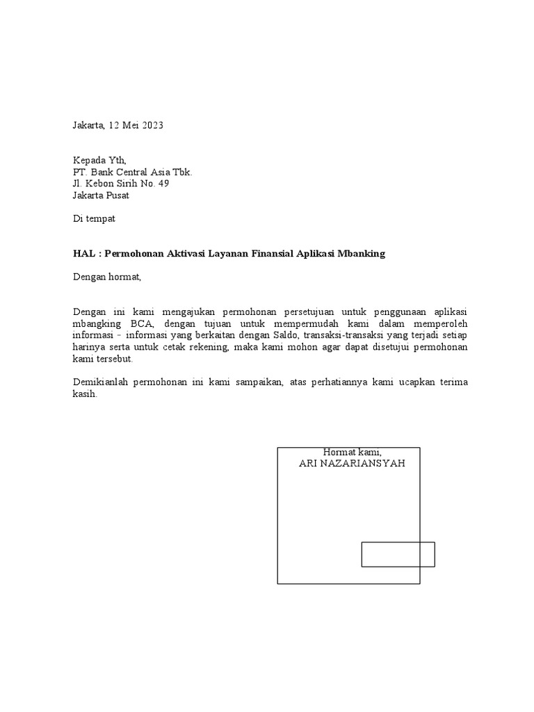 Surat Permohonan Penggunaan NET BANKING | PDF