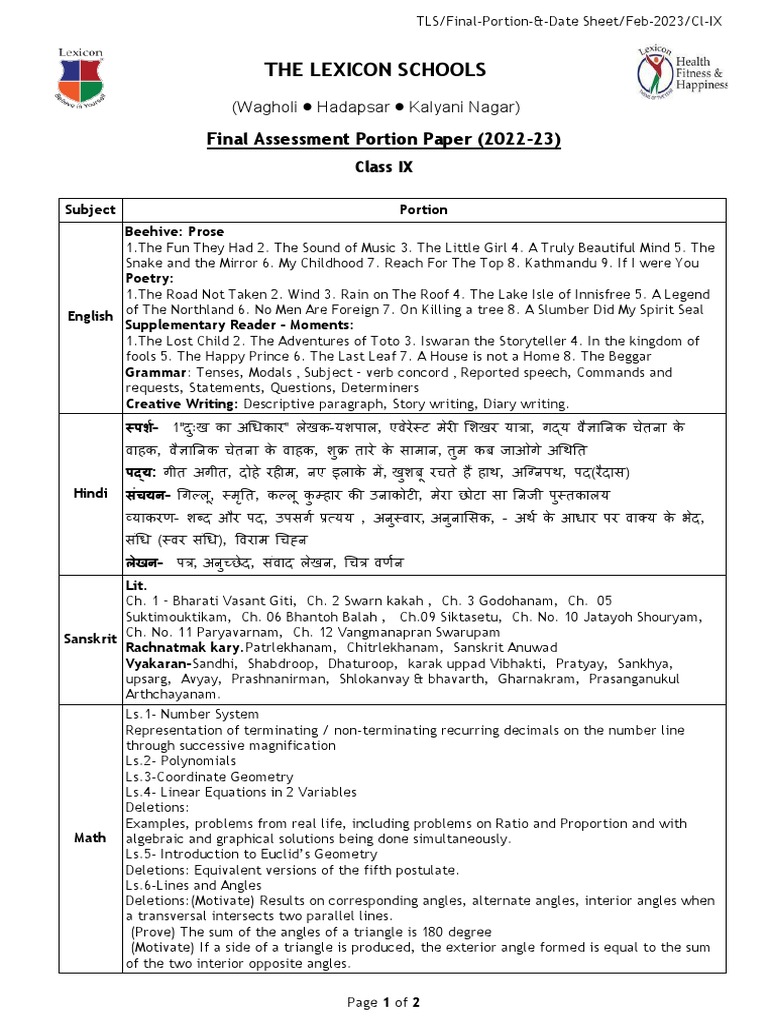 Class IX Final Exam Syllabus 2023 | PDF | Triangle | Line (Geometry)