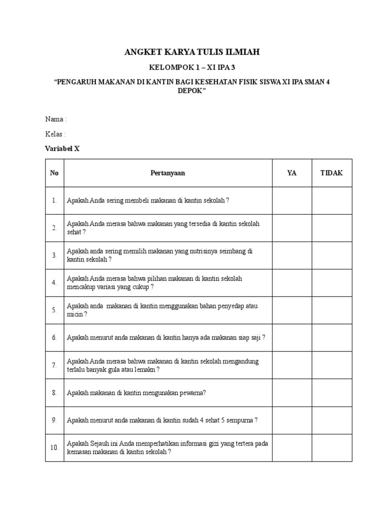 Angket Kesehatan Makanan Kantin Siswa | PDF | Pengembangan Diri | Gaya ...