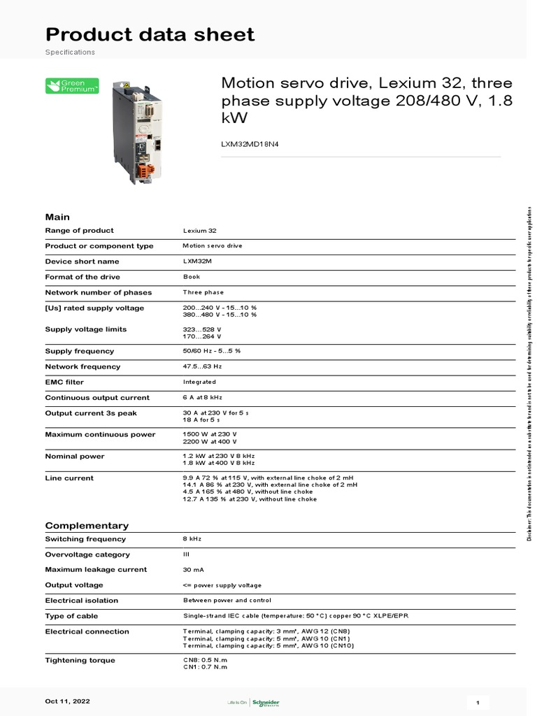 Lexium 32 LXM32MD18N4 Data Sheet | PDF | Electromagnetic Compatibility ...