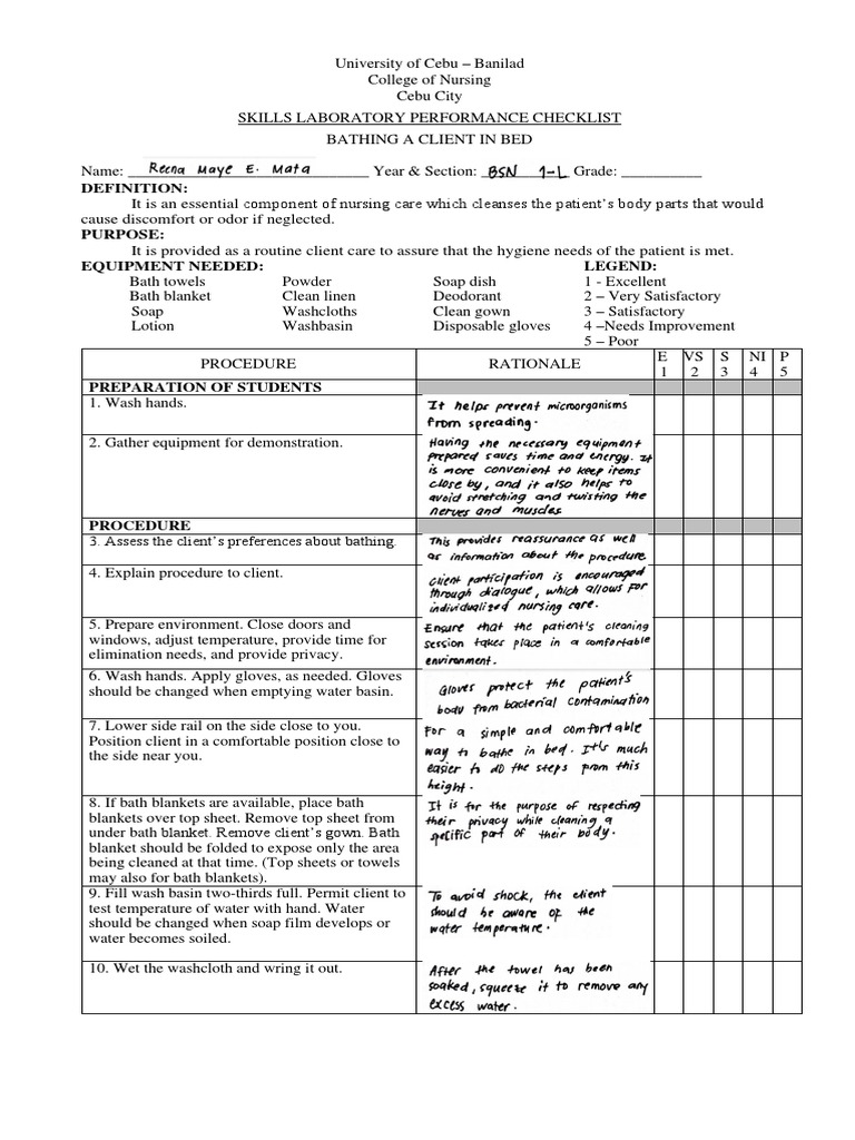 Bed Bathing Checklist (2) MATA PDF | PDF | Hand | Foot