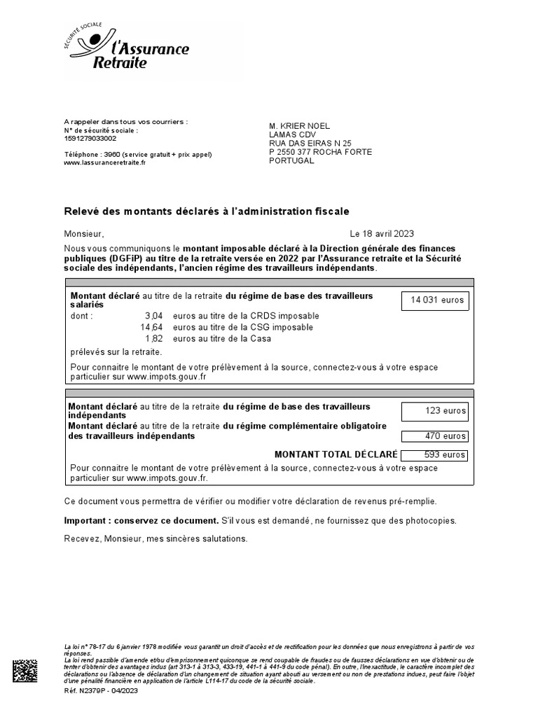 Relevé fiscal de retraite 2022 | PDF | Retraite | Économie