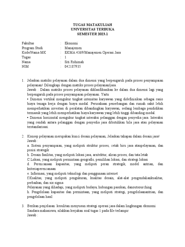 Tugas 1 Manajemen Operasi Jasa Pdf