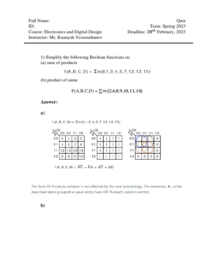 Spring 2023 Electronics and Digital Design Quiz PDF