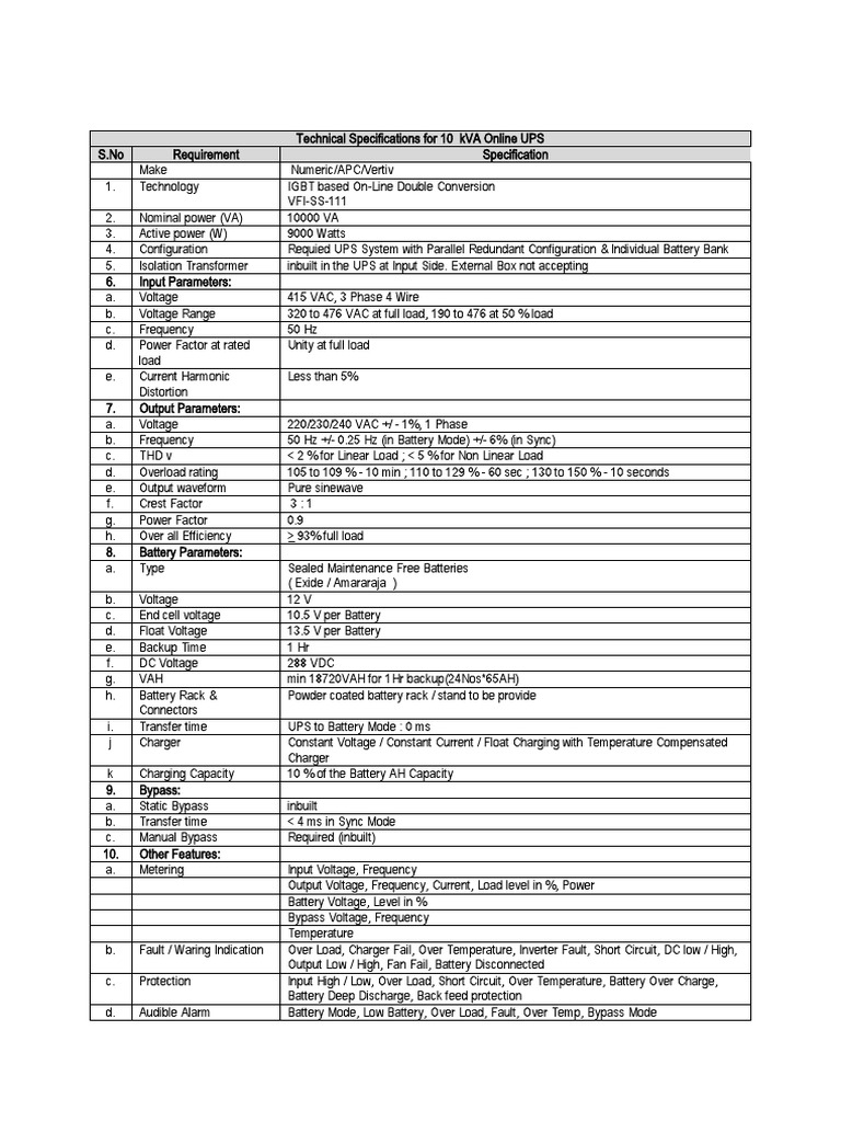 Technical Specifications For 10 kVA Online UPS | PDF | Battery Charger ...