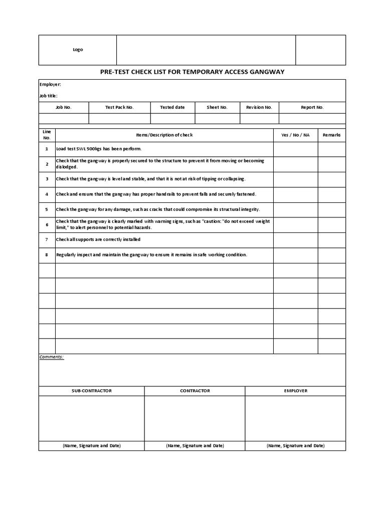PreTest Checklist for Temporary Access Gangway PDF