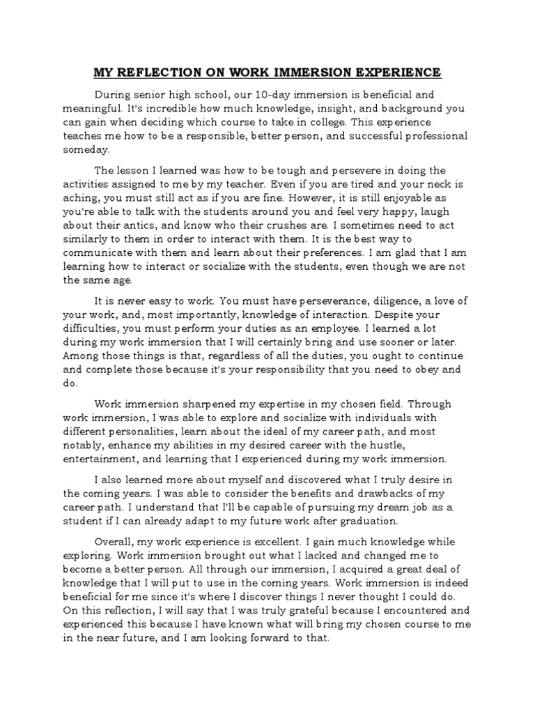 My reflection on work immersion experience pdf communication