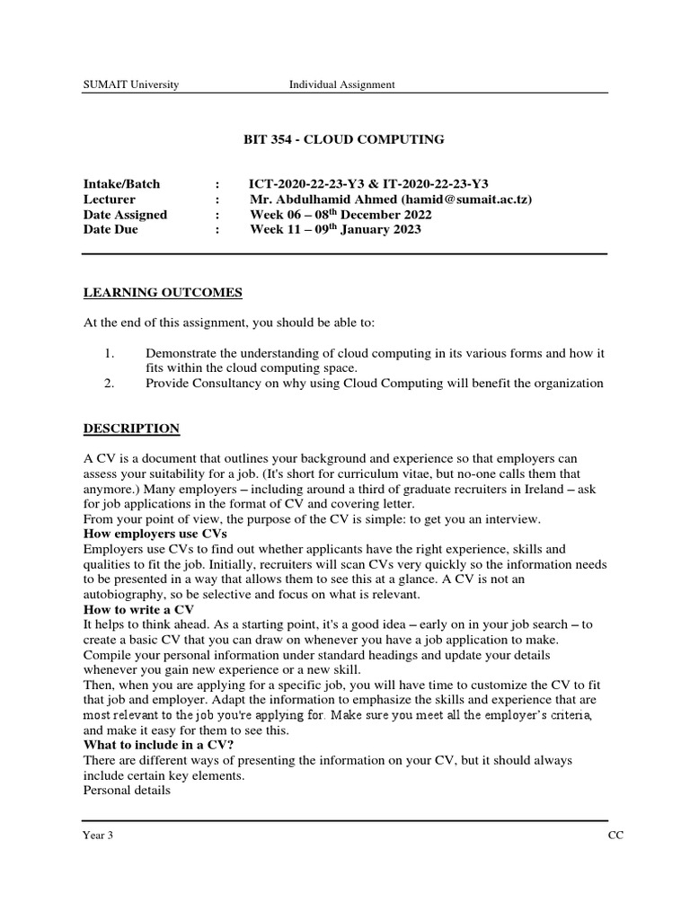 Cloud CV Project Assignment Guide | PDF | Internship | Job Hunting