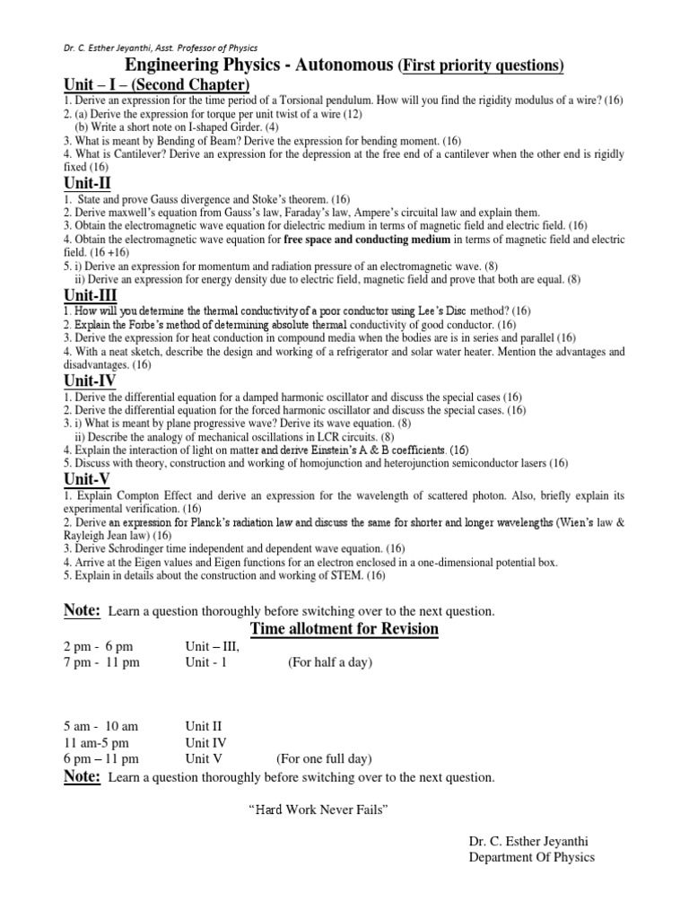 Key Questions for Engineering Physics 1st Year | PDF | Magnetic Field ...