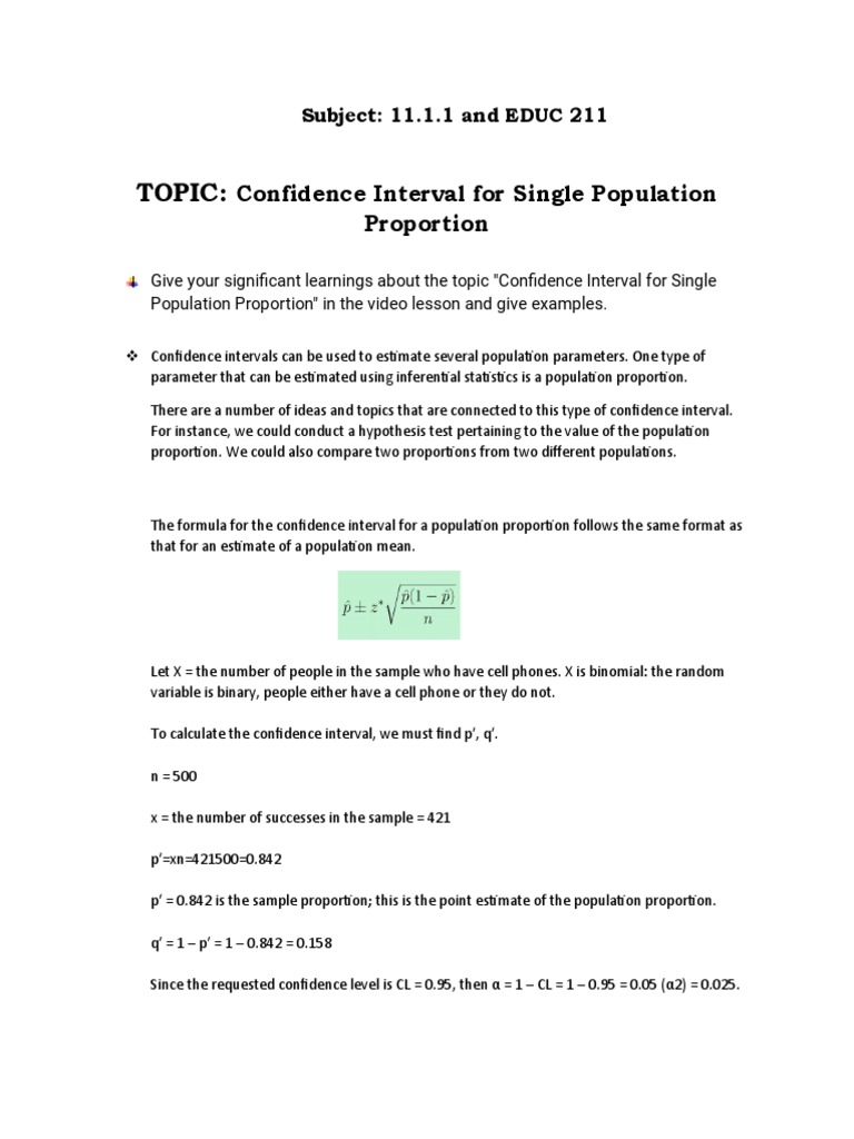 Confidence interval for single population proportion pdf confidence