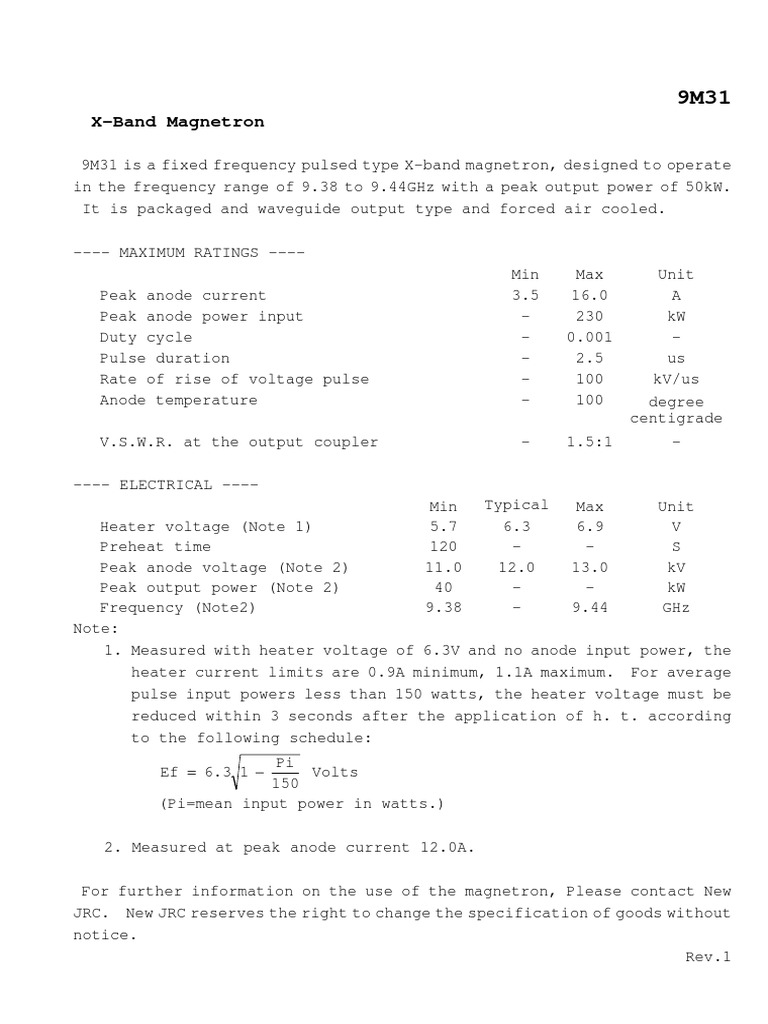9M31 X-Band Magnetron Specifications | PDF