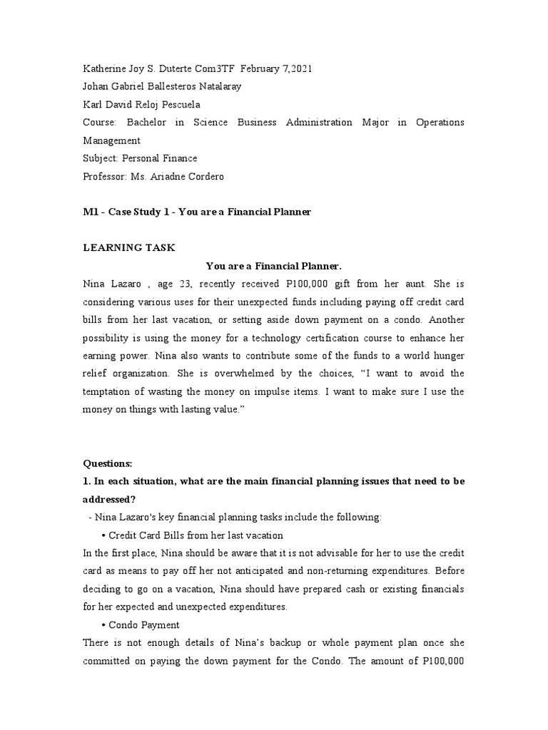 1.3.2.3 M1 - Case Study 1 - You Are A Financial Planner | PDF | Debt ...