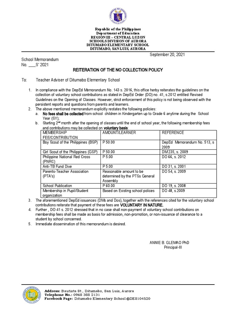 Reiteration of No Collection Policy | PDF