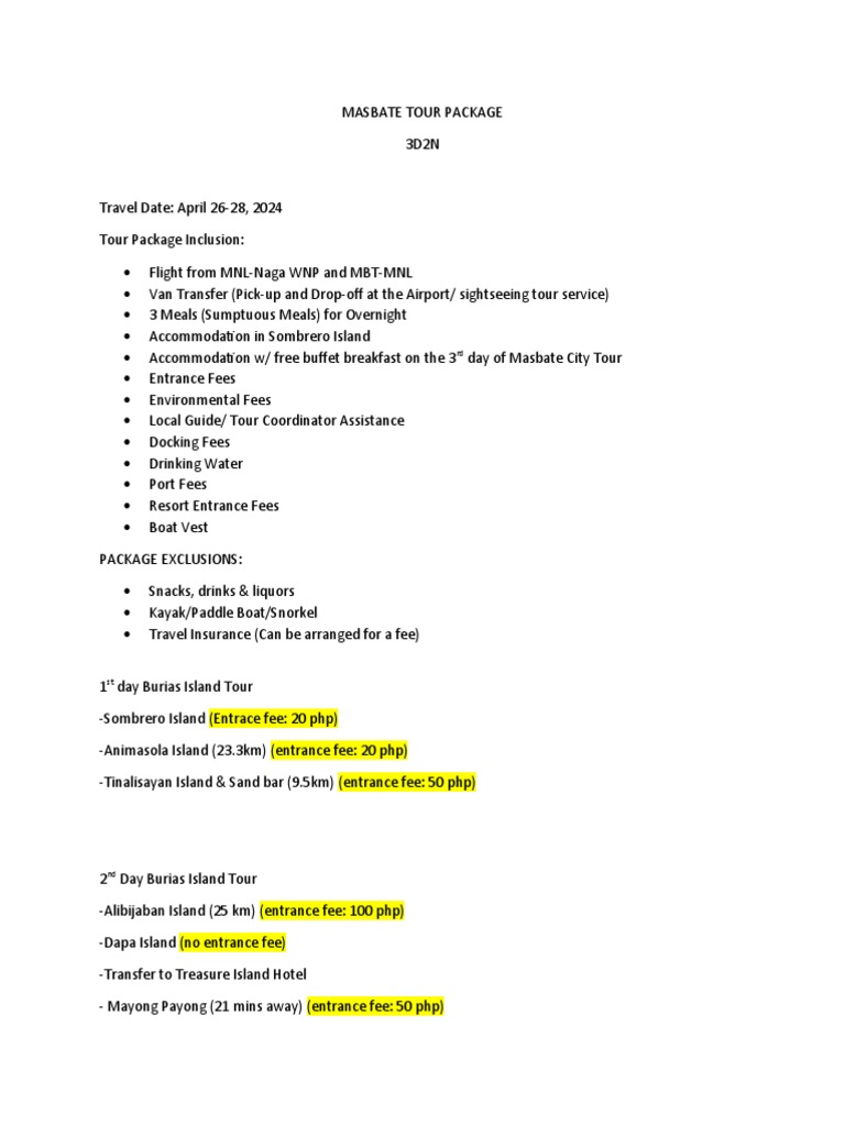 Masbate 3D2N Tour Package 2024 | PDF
