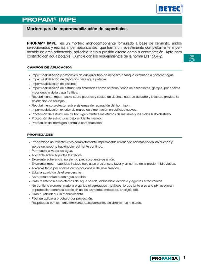 Mortero Impermeabilizante PROPAM® IMPE | PDF | Agua | Hormigón