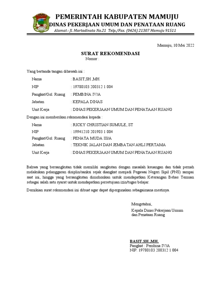 Surat Rekomendasi Instansi PNS | PDF