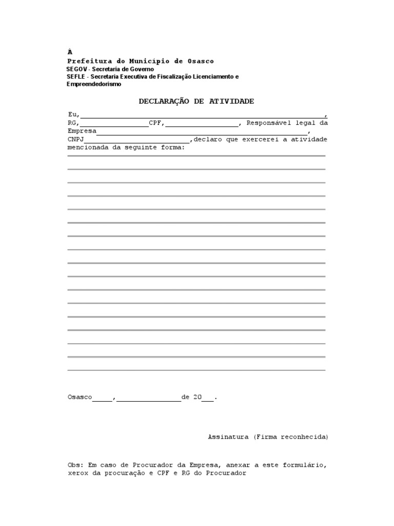 Declara o De Atividade Empresarial Para Prefeitura De Osasco PDF