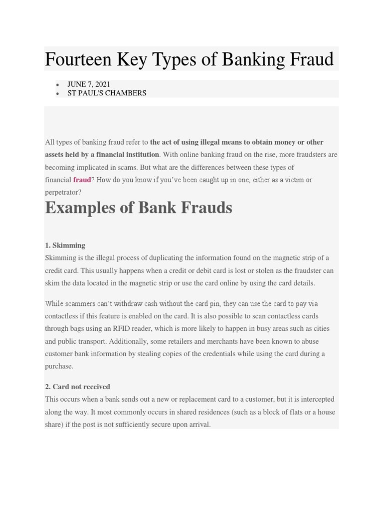 Fourteen Key Types Of Banking Fraud Pdf Pdf Cybercrime Service