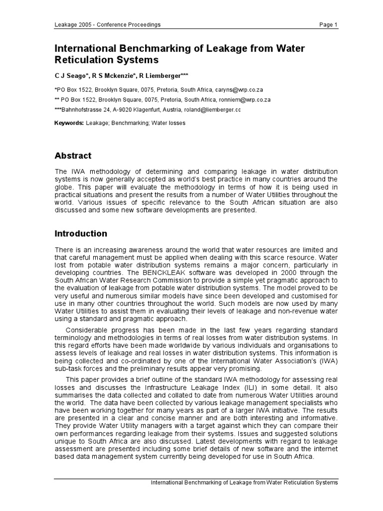 International Benchmarking of Leakage From Water Reticulation Systems