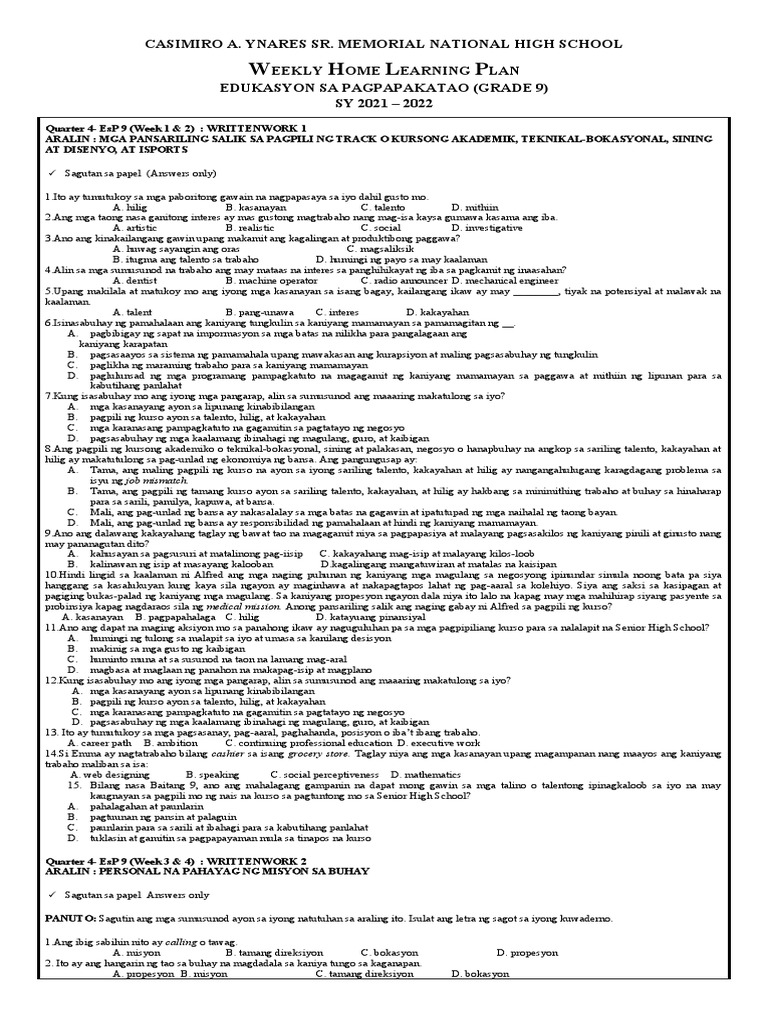 Esp 9 Writtenworks QRT 4 | PDF
