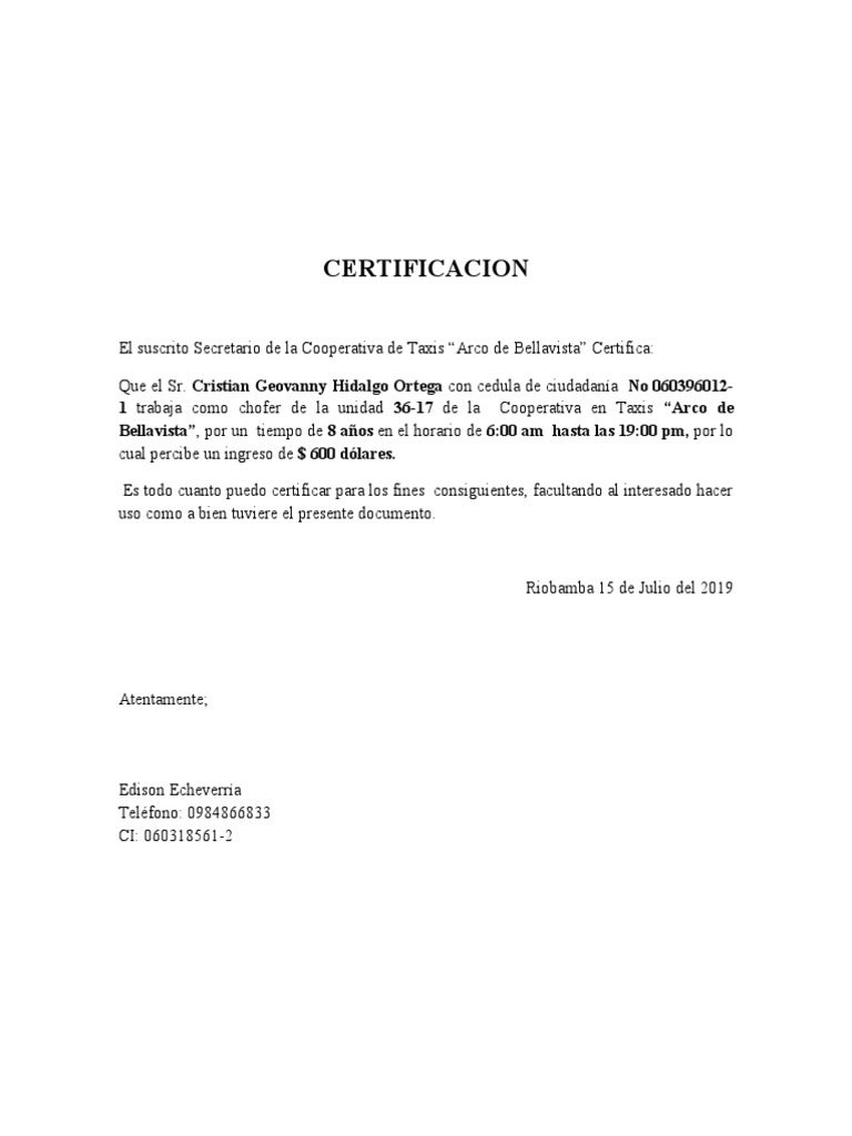 Certificado de Trabajo para Chofer | PDF