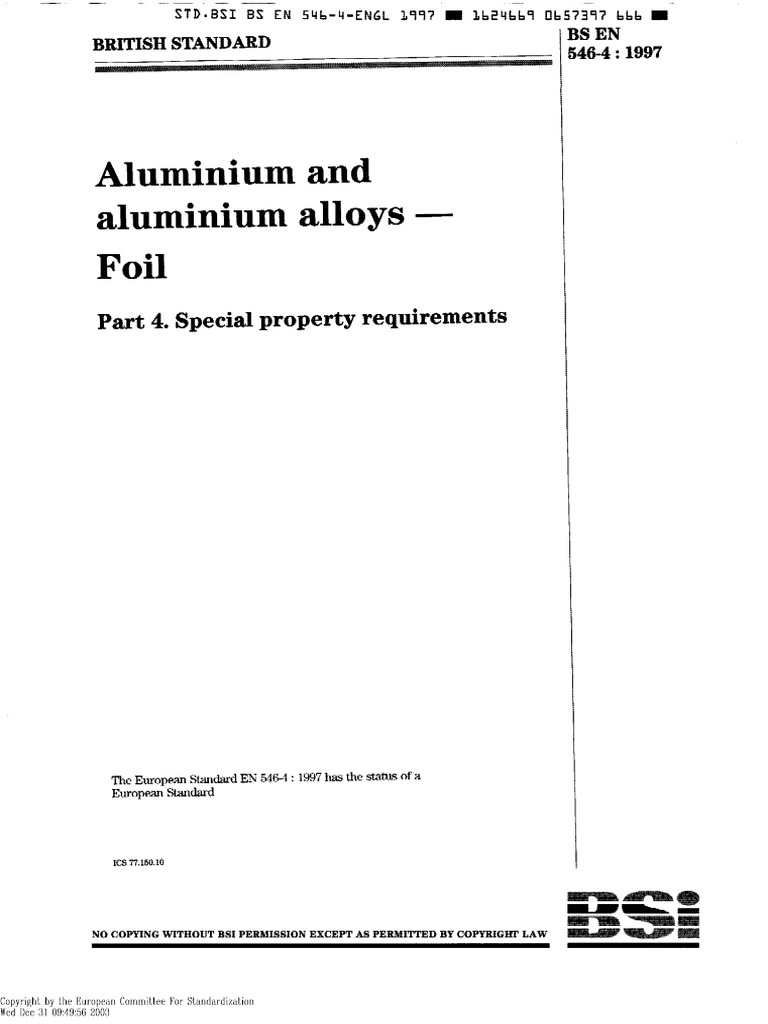 BS EN 54641997 Aluminium and aluminum specification foil. Performance