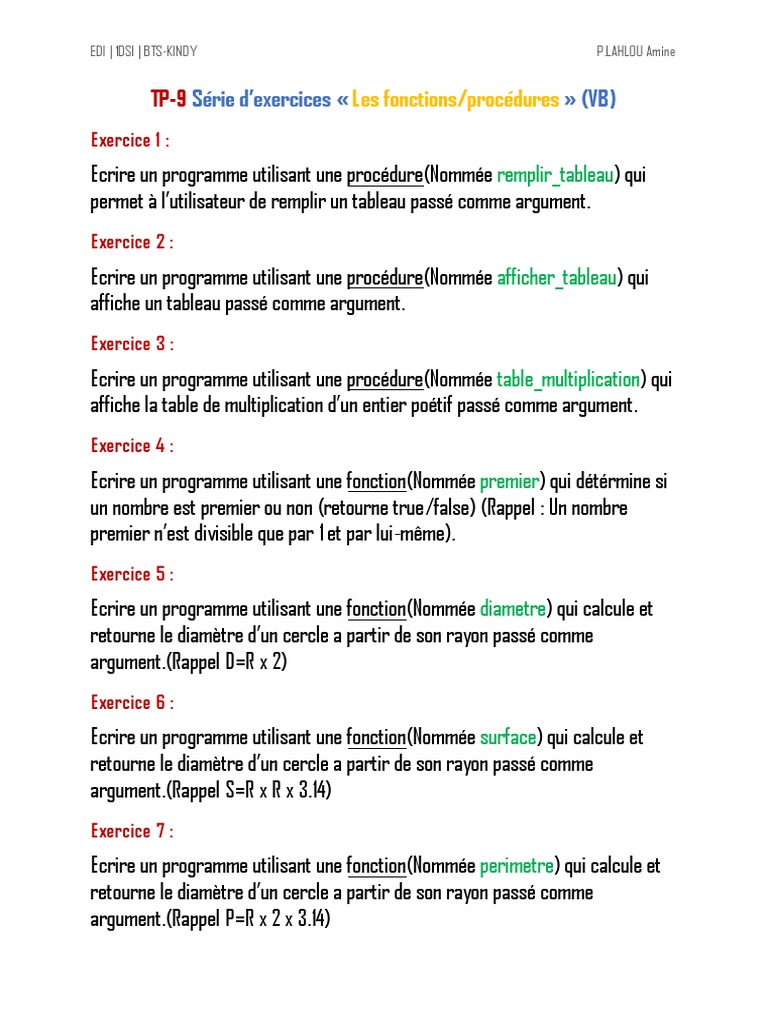Exercices sur Fonctions et Procédures VB | PDF