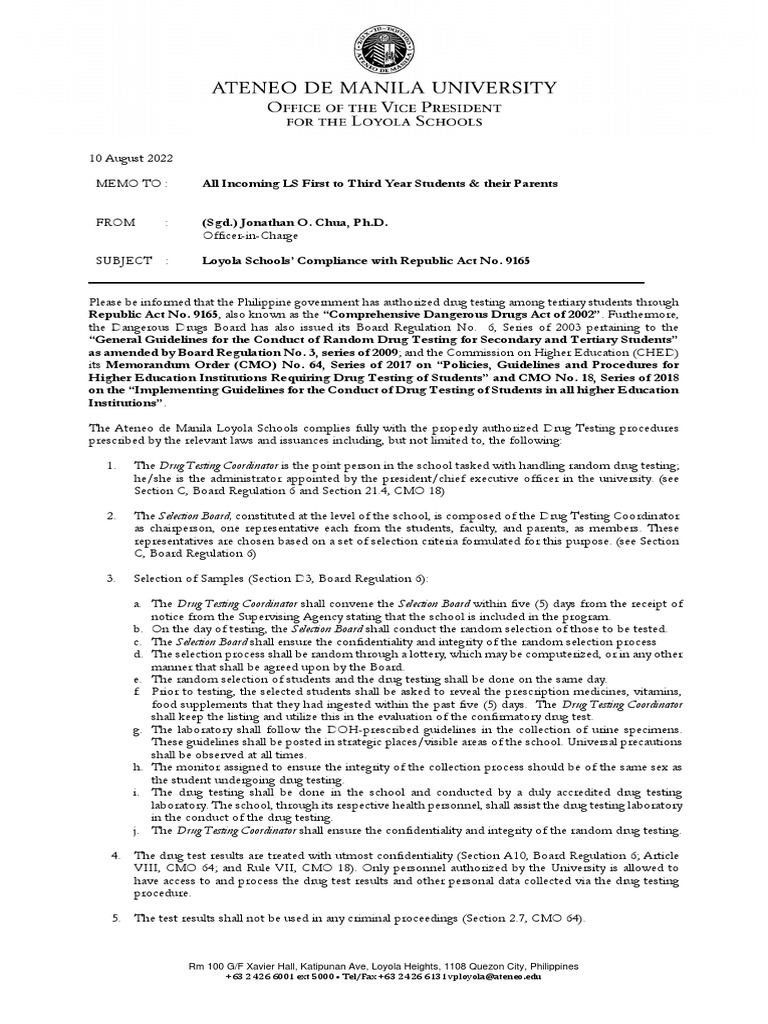 Ateneo's Drug Testing Policy PDF Drug Test Privacy