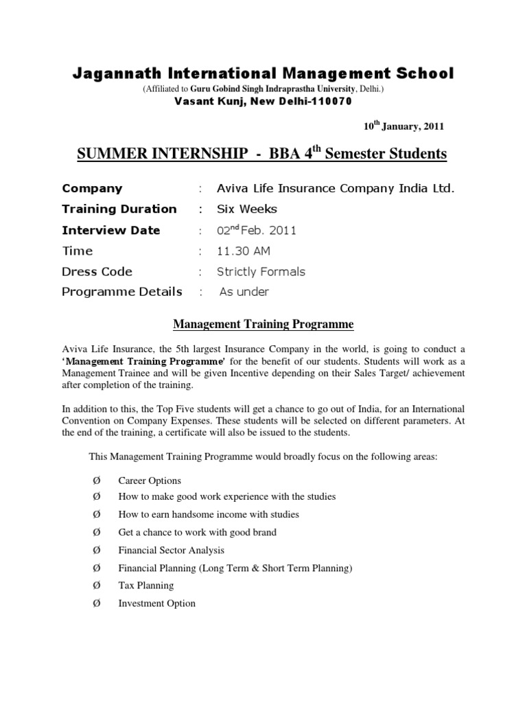 Summer Internship Notice - Aviva | PDF