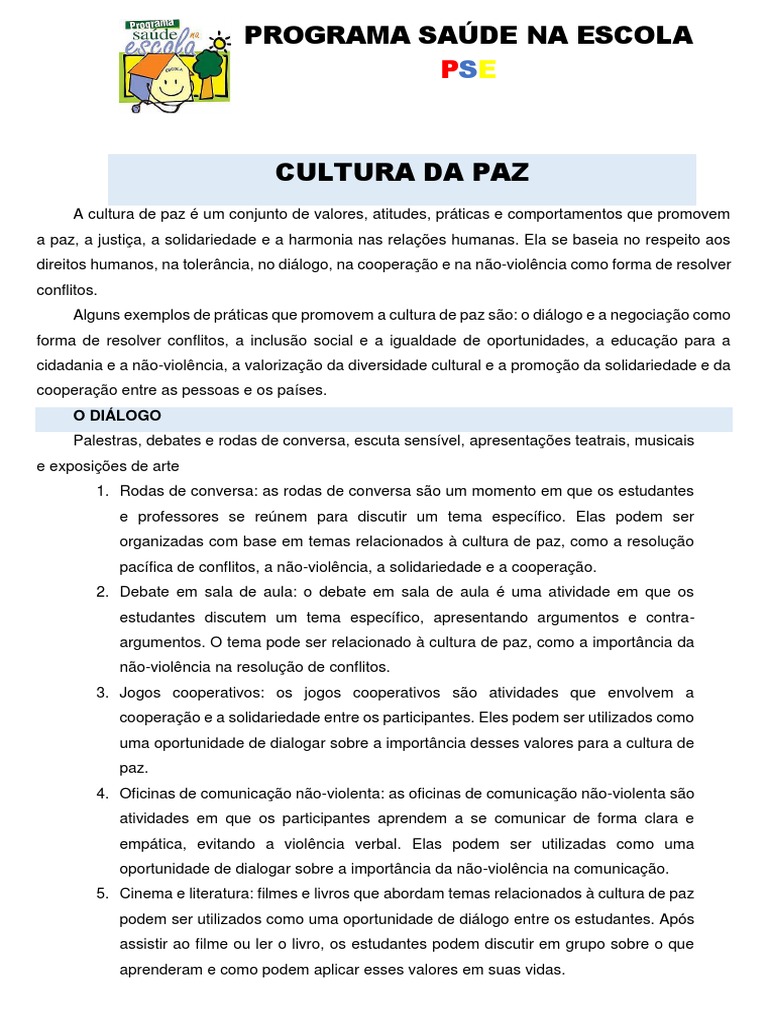 Cultura Da Paz - Projeto Escolar | PDF | Violência | Paz