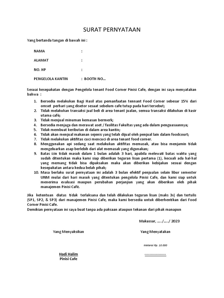 SURAT PERNYATAAN Food Corner PINCAF | PDF