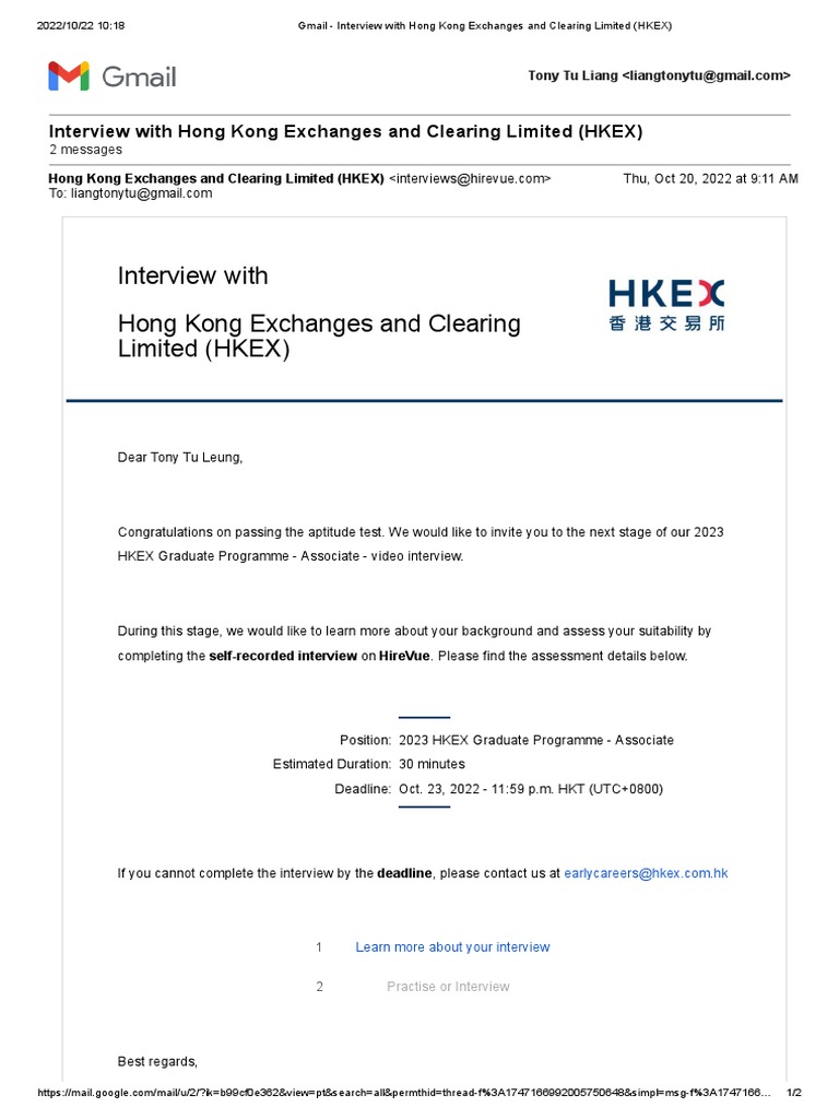 HKEX Graduate Programme Interview Invite | PDF