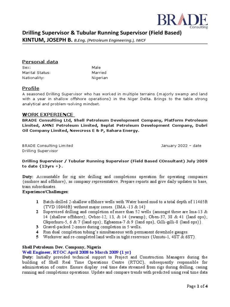 Premium Pipe Running Supervisor - Joe Kintum_BCL | PDF | Oil Well ...