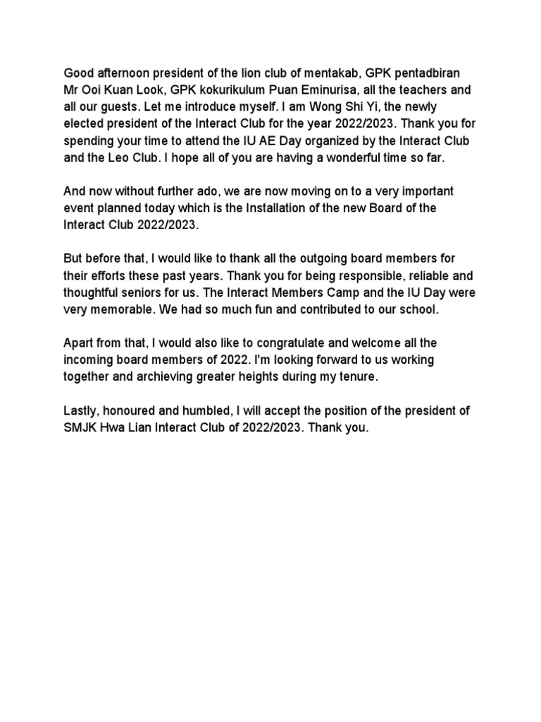Installation Speech for Interact Club | PDF