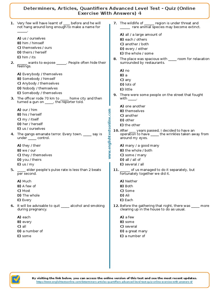 Advanced Test on Articles & Quantifiers | PDF