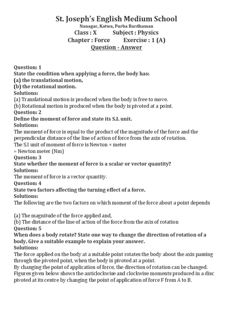 CL X - Physics - Force (Exercise 1A) - Question Answer-1 | PDF | Torque ...