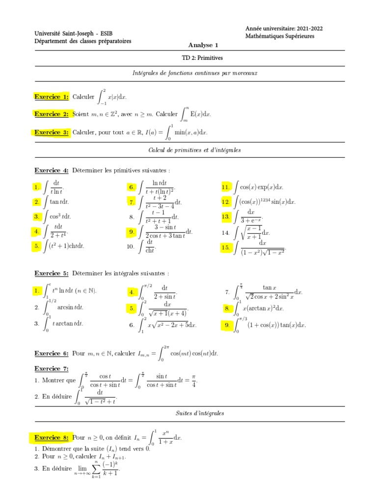 Exercices sur les intégrales et primitives | PDF | Intégral | Analyses