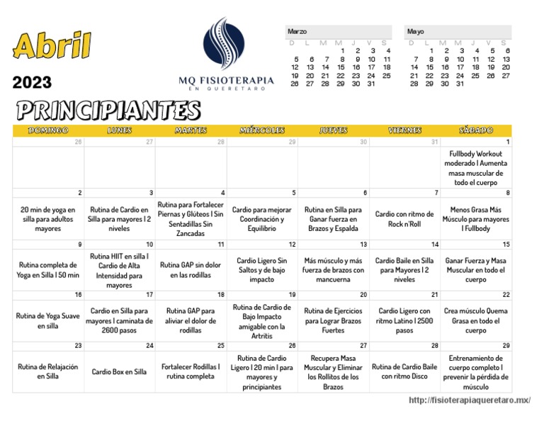 Calendario Abril 2023 Principiantes Fisioterapia Queretaro Mariana