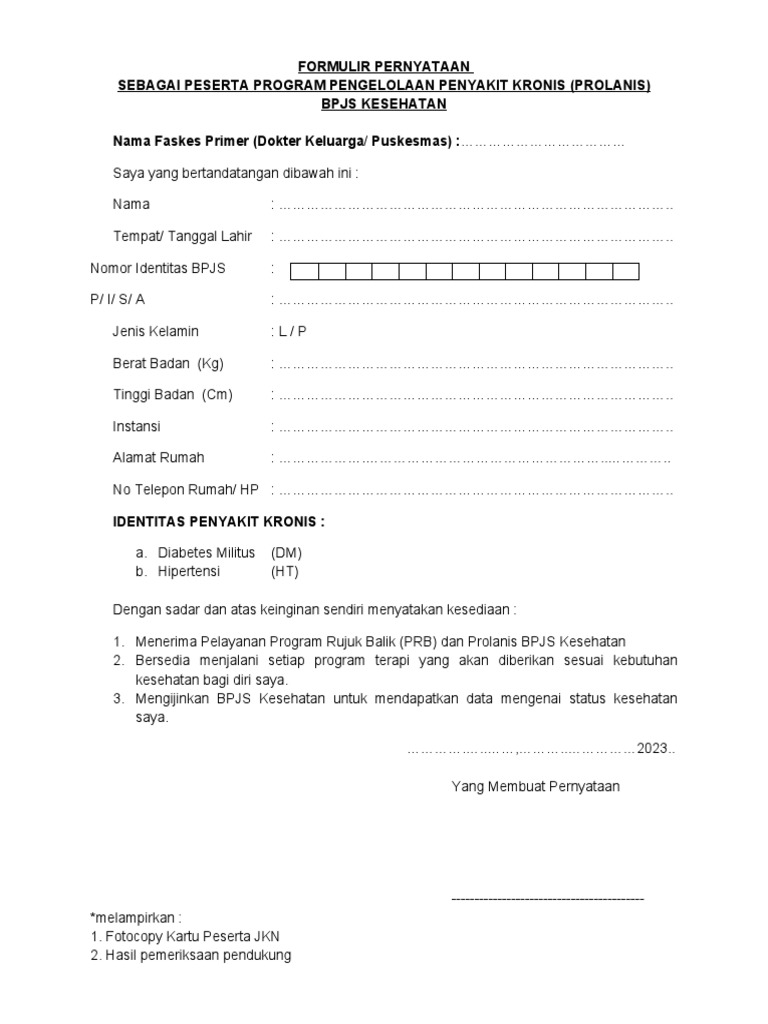 Formulir Peserta Prolanis BPJS Kesehatan | PDF