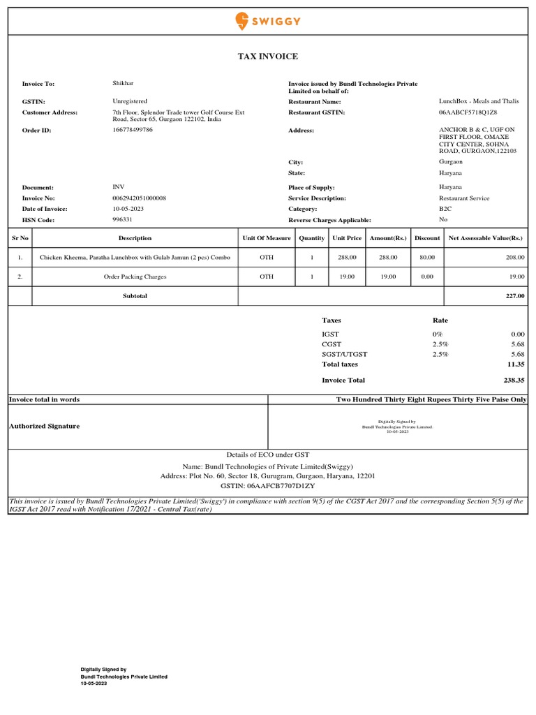 Restaurant Invoice for Shikhar | PDF | Invoice | Government Finances