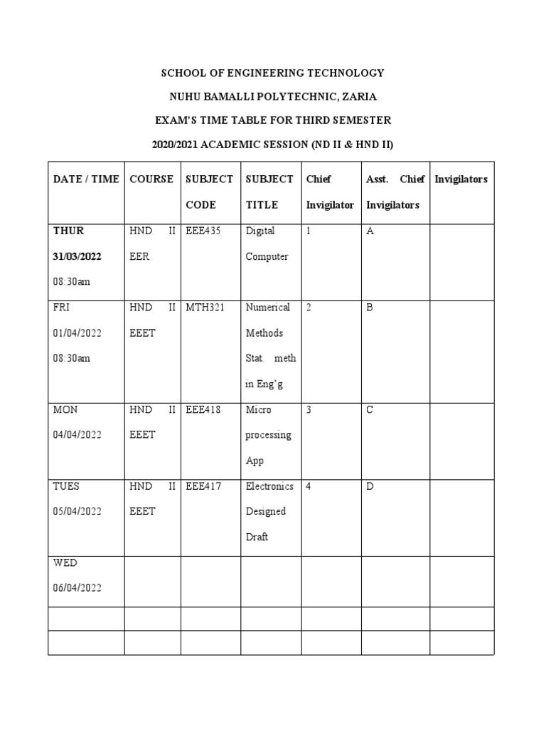 Engineering Time Table 2022 | PDF
