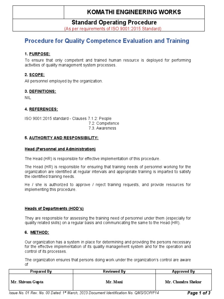 QMS SOP F14 Competence Evaluation and Training PDF