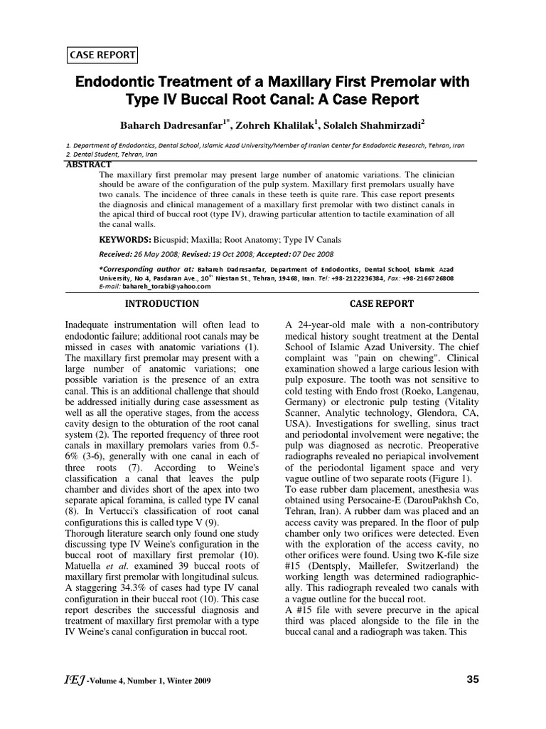 Endodontic Treatment of A Maxillary First Premolar With Type IV Buccal