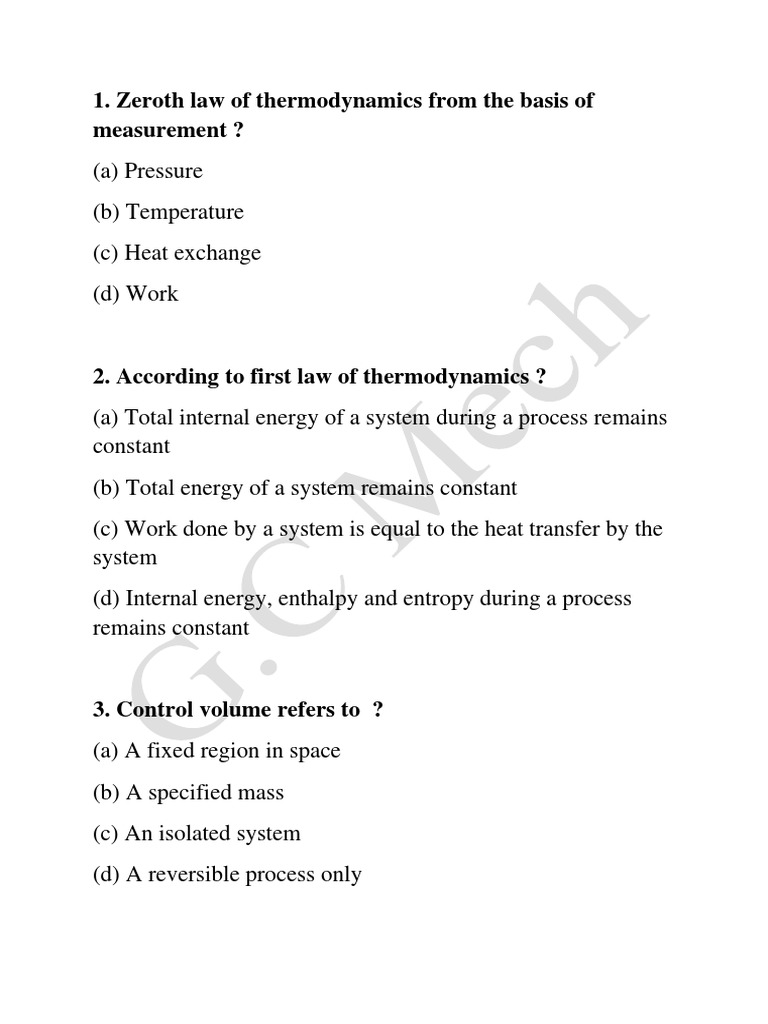 Thermodynamic MCQ PDF Enthalpy Temperature