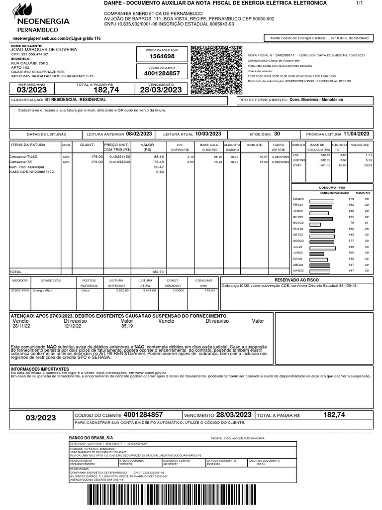 DANFE - Documento da nota fiscal de energia elétrica | PDF | Iluminação ...