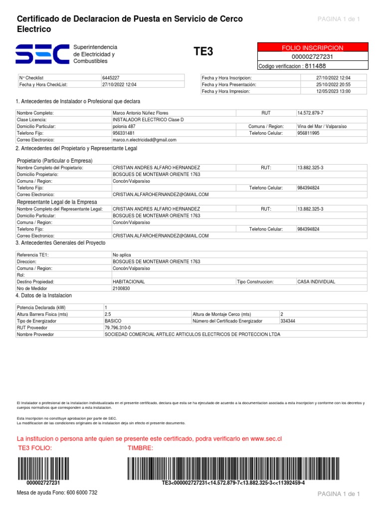 Certificado de Instalación TE3 SEC | PDF