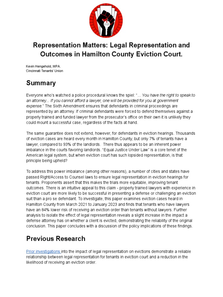 Cincinnati Tenants #39 Union: Legal Representation and Outcomes in Cincinnati Tenants #39 Union: Legal Representation and Outcomes in