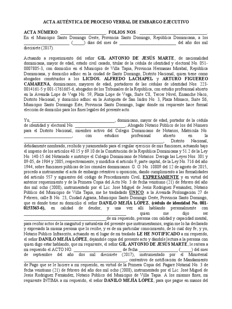 Acta de Embargo Ejecutivo RD 2017 | PDF | República Dominicana | Gobierno